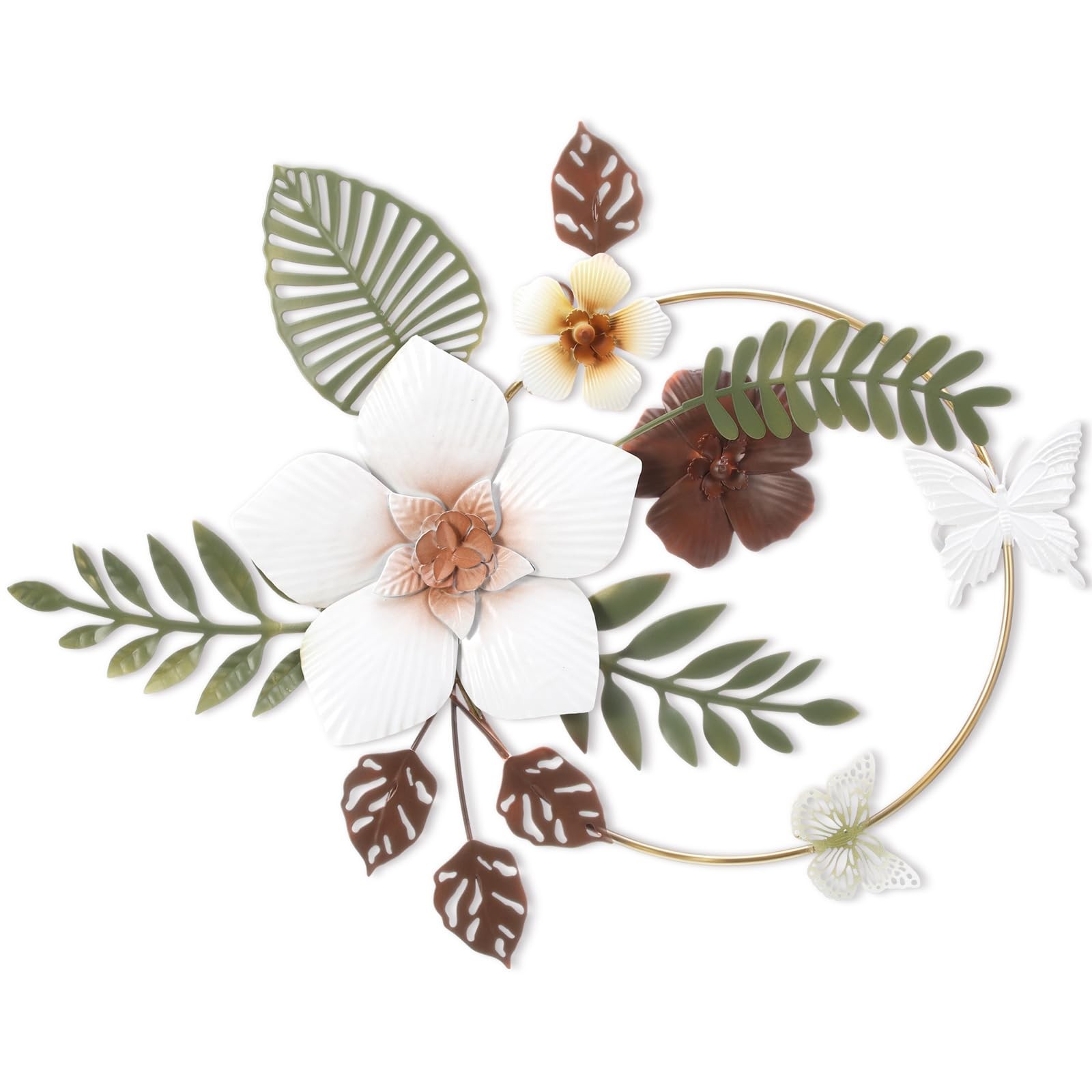 3D Metal Flower Wall Decor – 13.78” Gold Circle Floral Wall Art with Green T…