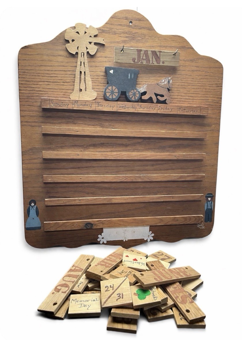 Amish Wooden Perpetual Calendar Folk Art Wall Hanging Handmade Rustic
