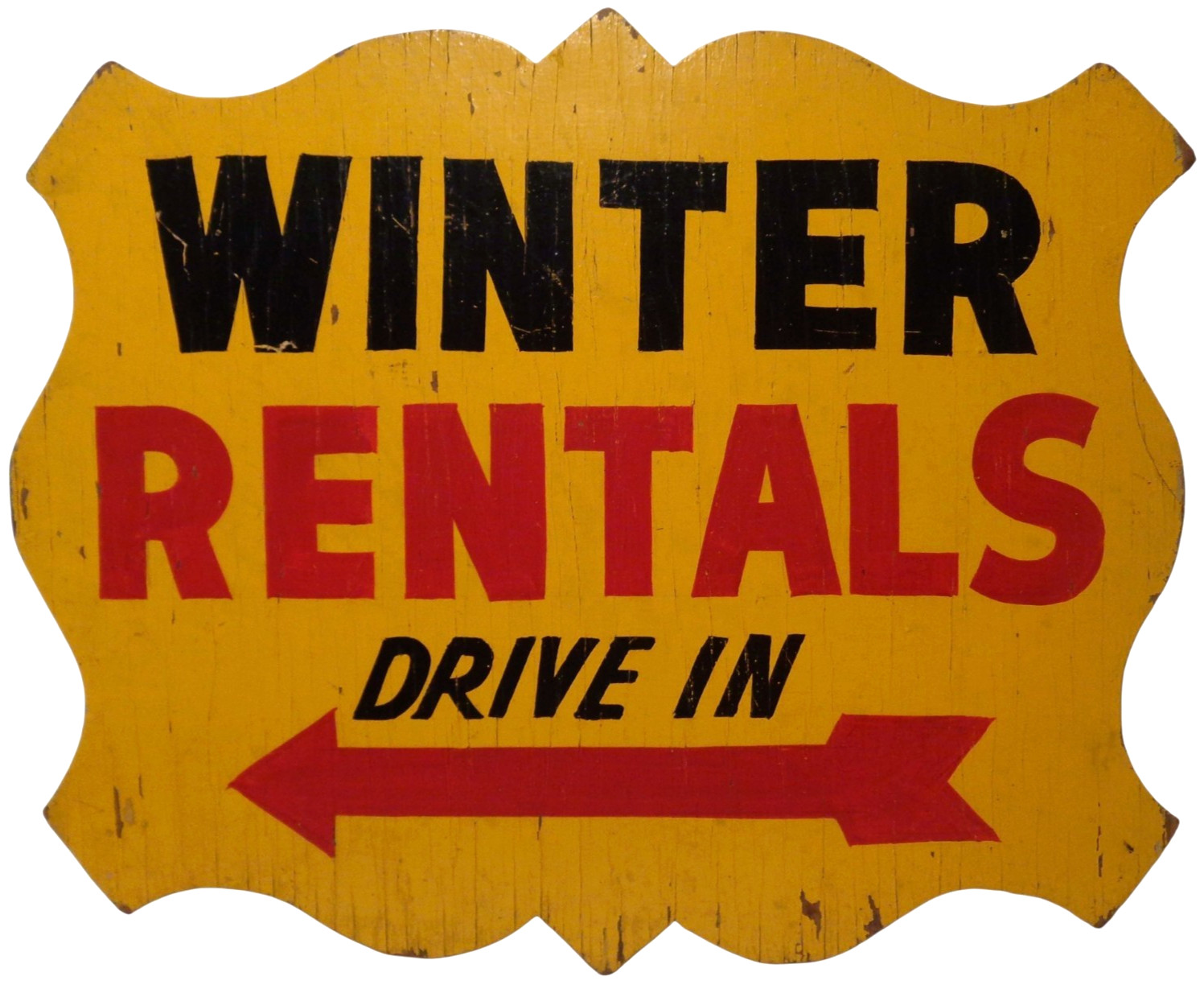WINTER RENTALS DRIVE IN EARLY-MID 20TH C VINT HAND PAINTED JIG-CUT EDGE WDN SIGN