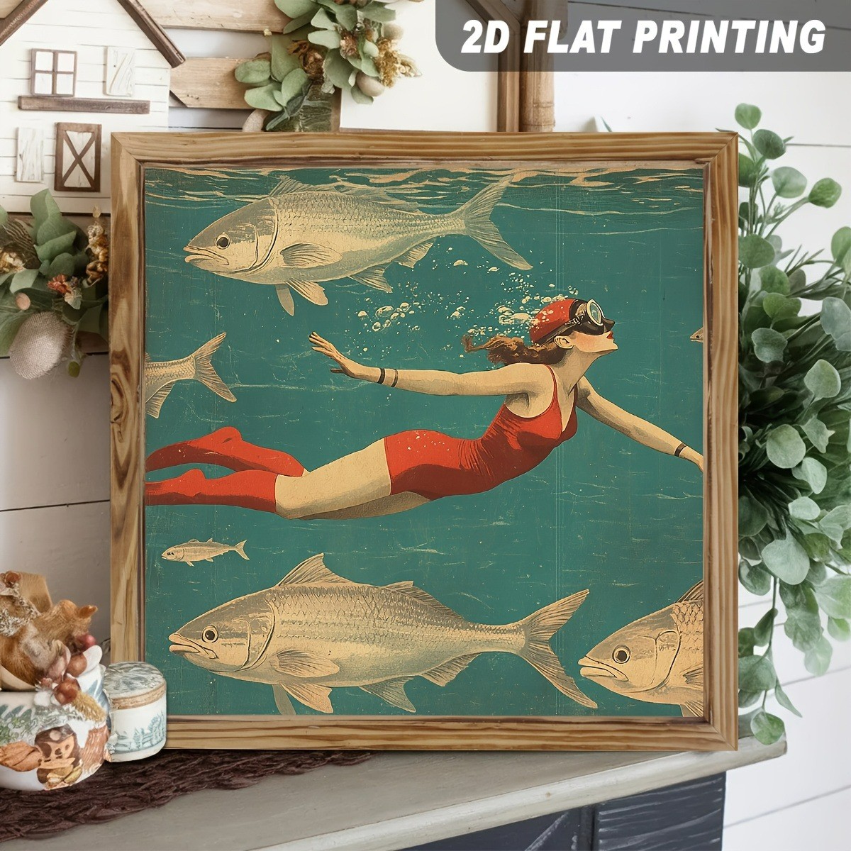 Vintage Swimming-themed Illustrated Wooden Plaque Decor for Home Nautical Style