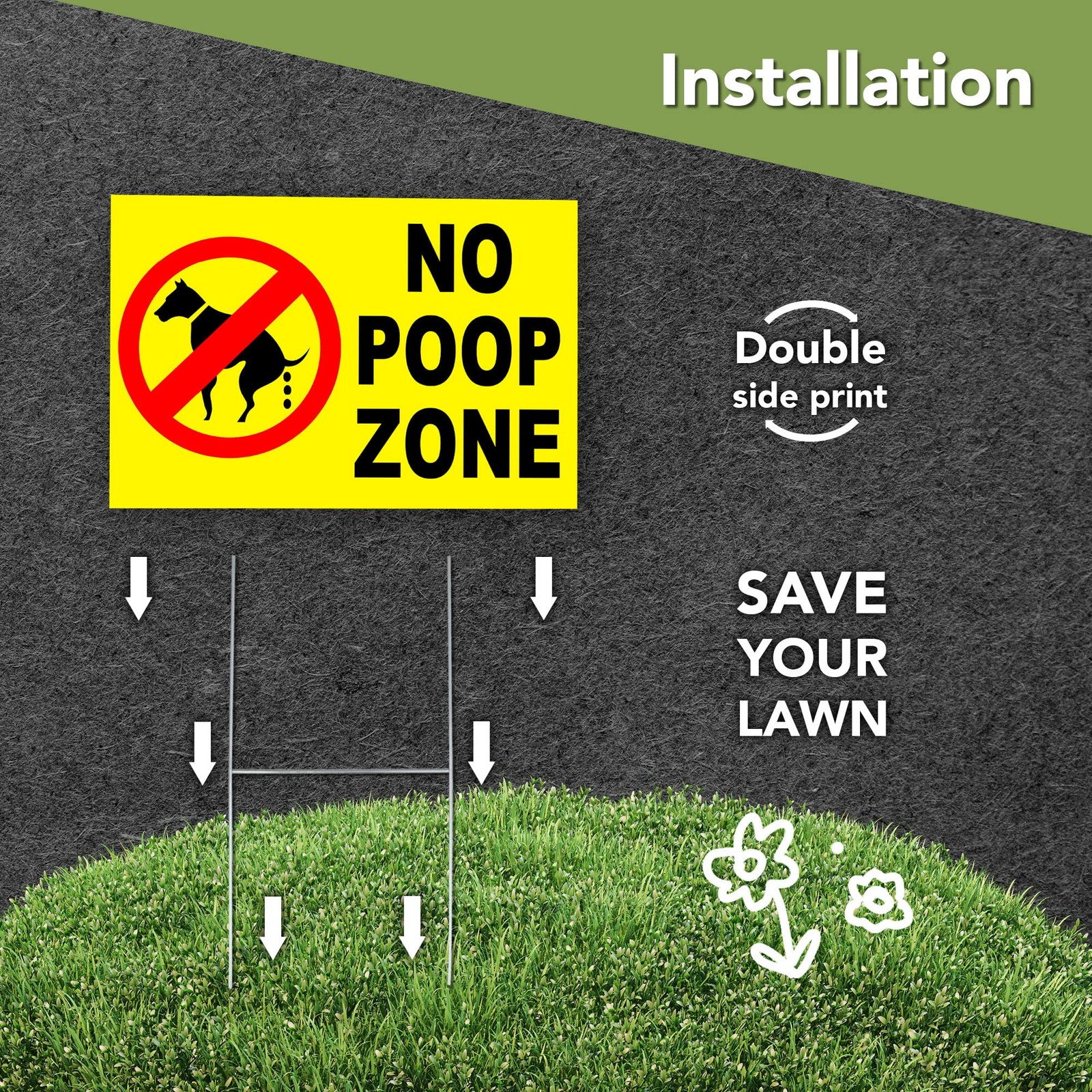 No Pooping Dog Signs for Yard, 8×12 Double Sided Coroplast, Stake