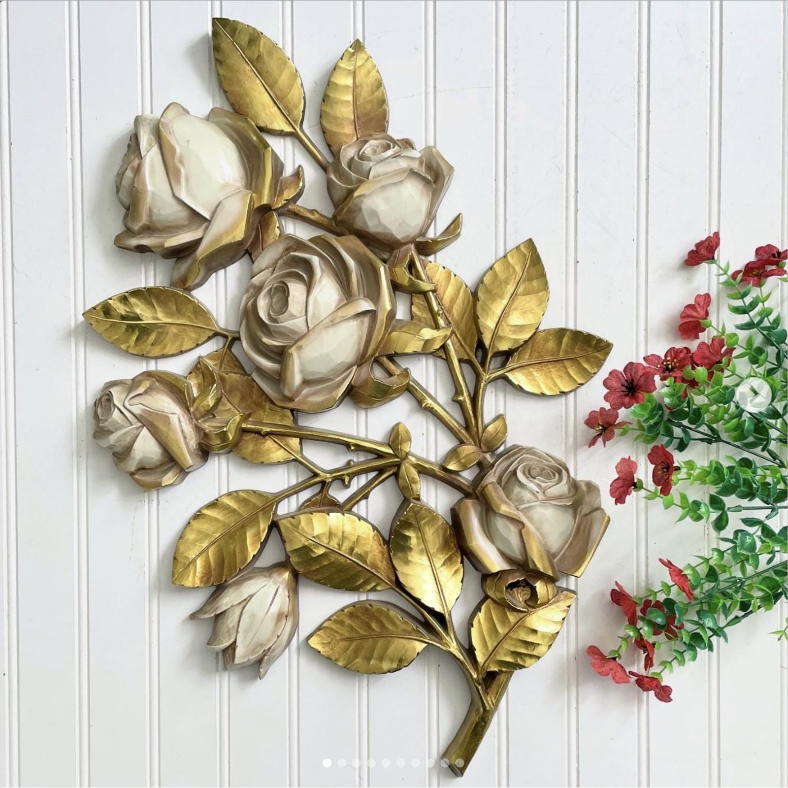 Vintage MCM Wall Hanging Roses Flower Plaque Resin Plastic Home Decor Syroco x2