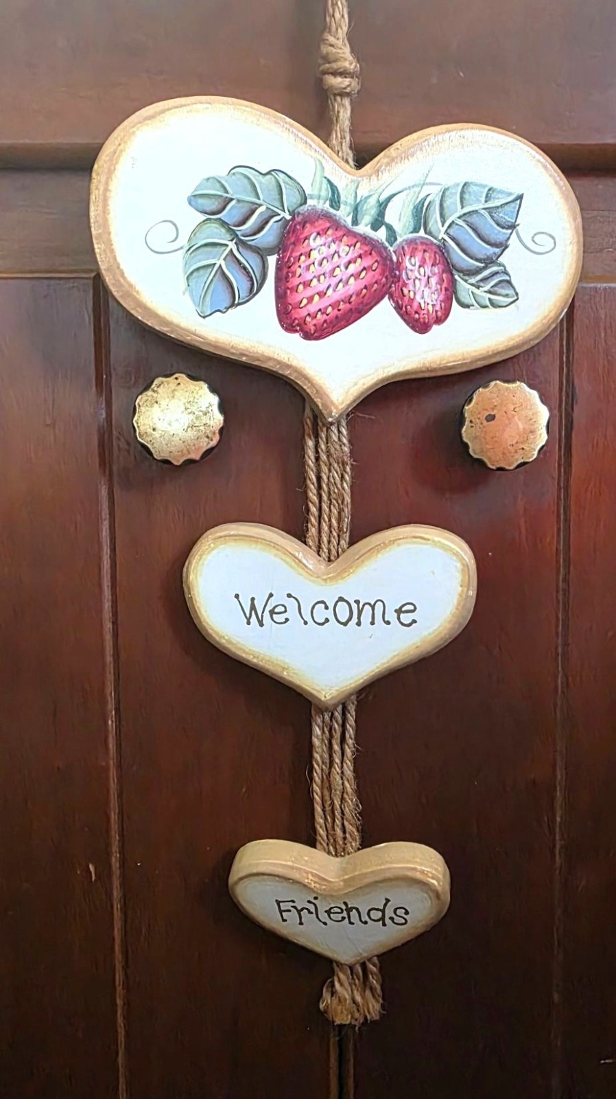 Hand-Painted Wooden Heart “Welcome Friends” Strawberry Design Cottagecore Decor