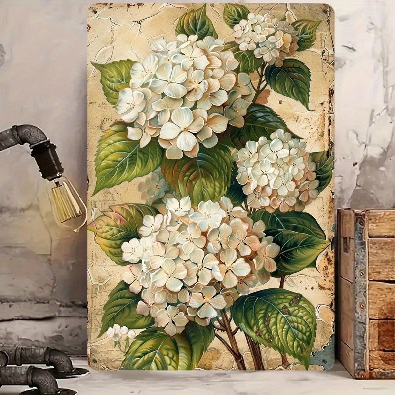 White Hydrangea Metal Sign – Vintage Botanical Tin Wall Art Decor Plaque