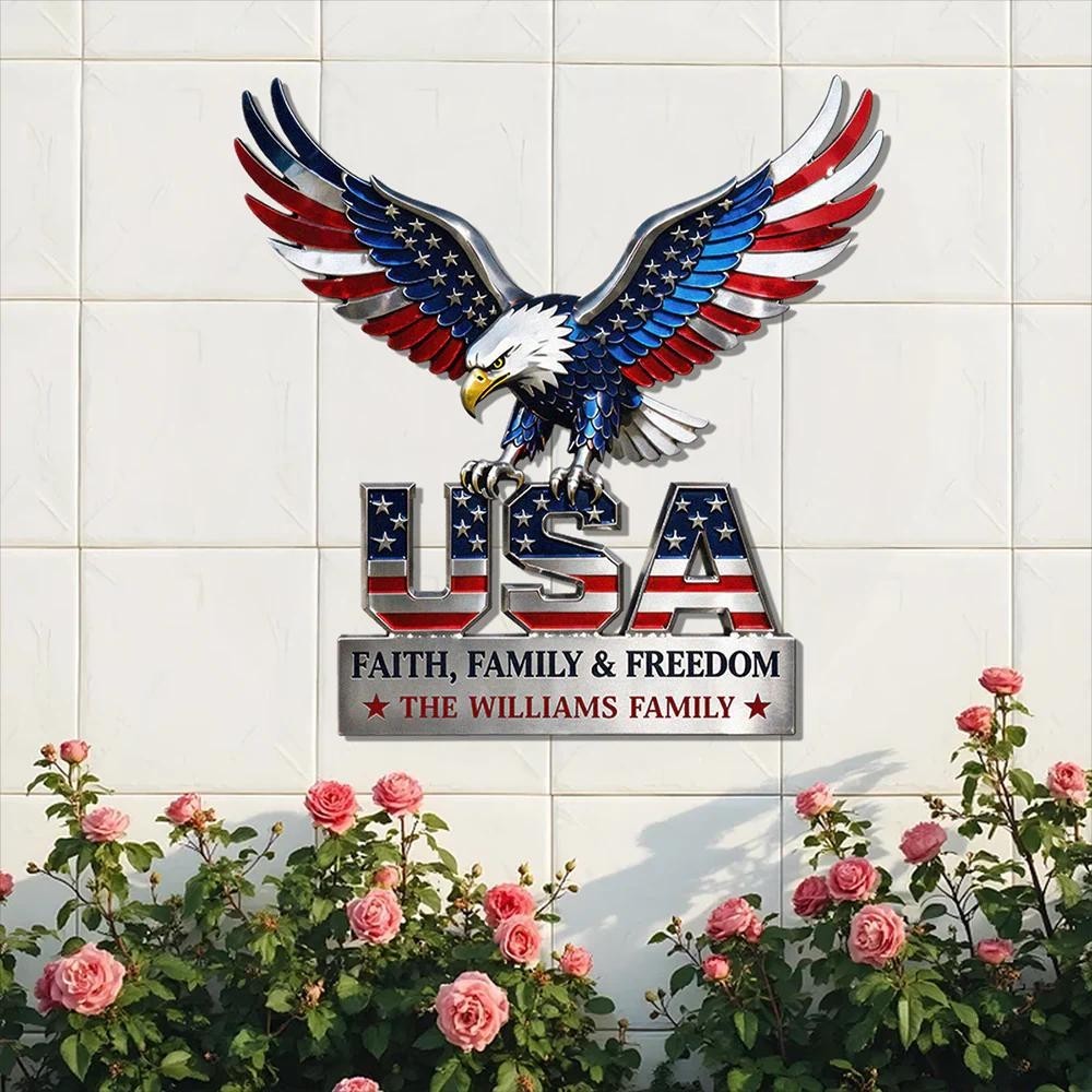 Custom USA Eagle Metal Sign, Patriotic Family Name Wall Art, American Flag Eagle