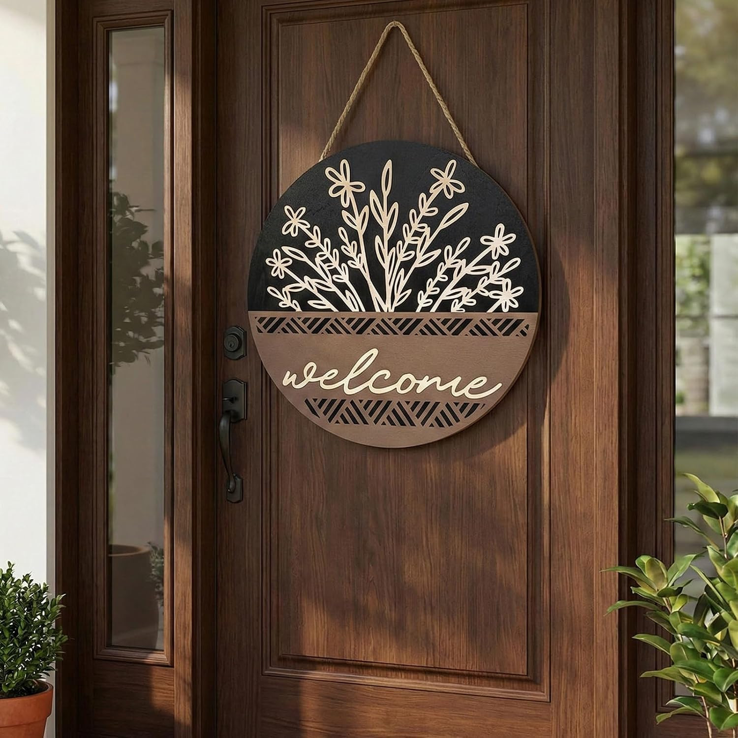 3D 17.7″ Welcome Sign for Front Door, Large Black Wooden Flower Door Hanger