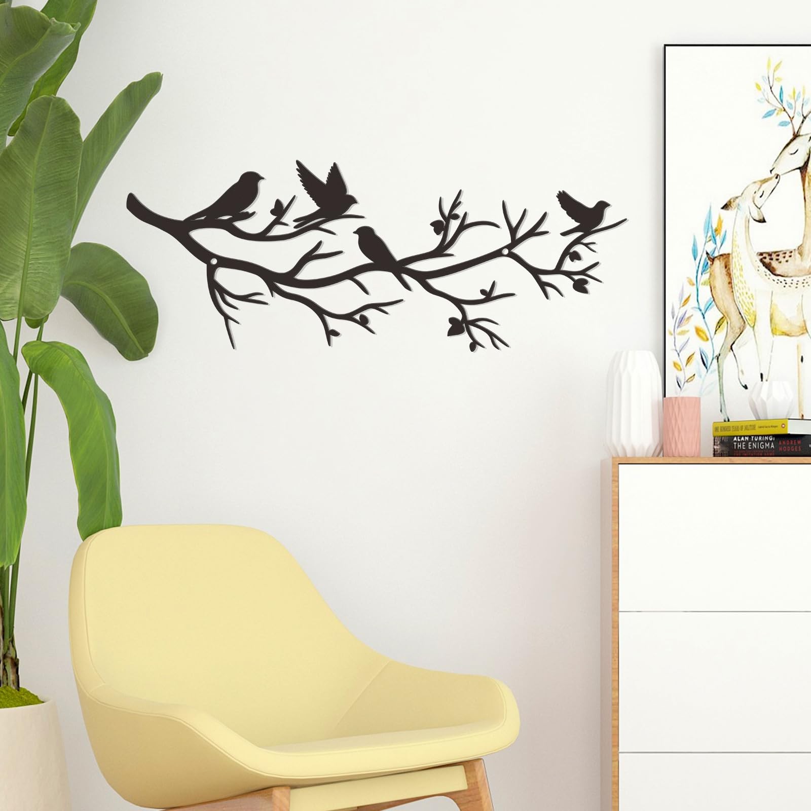 Medium Black Metal Tree with Birds on Branch Wall Art for Home Living Room