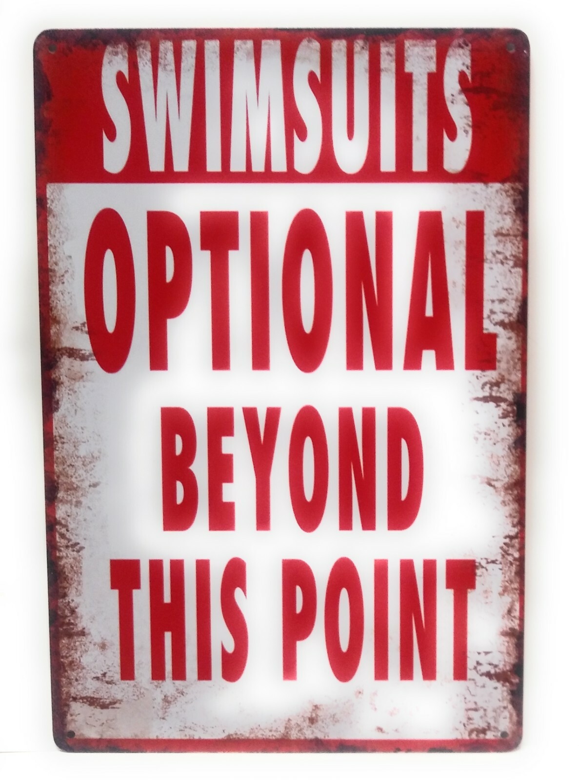 Swimsuits Optional Beyond This Point Metal Tin Sign, Pool Sign, 8-in by 12-in