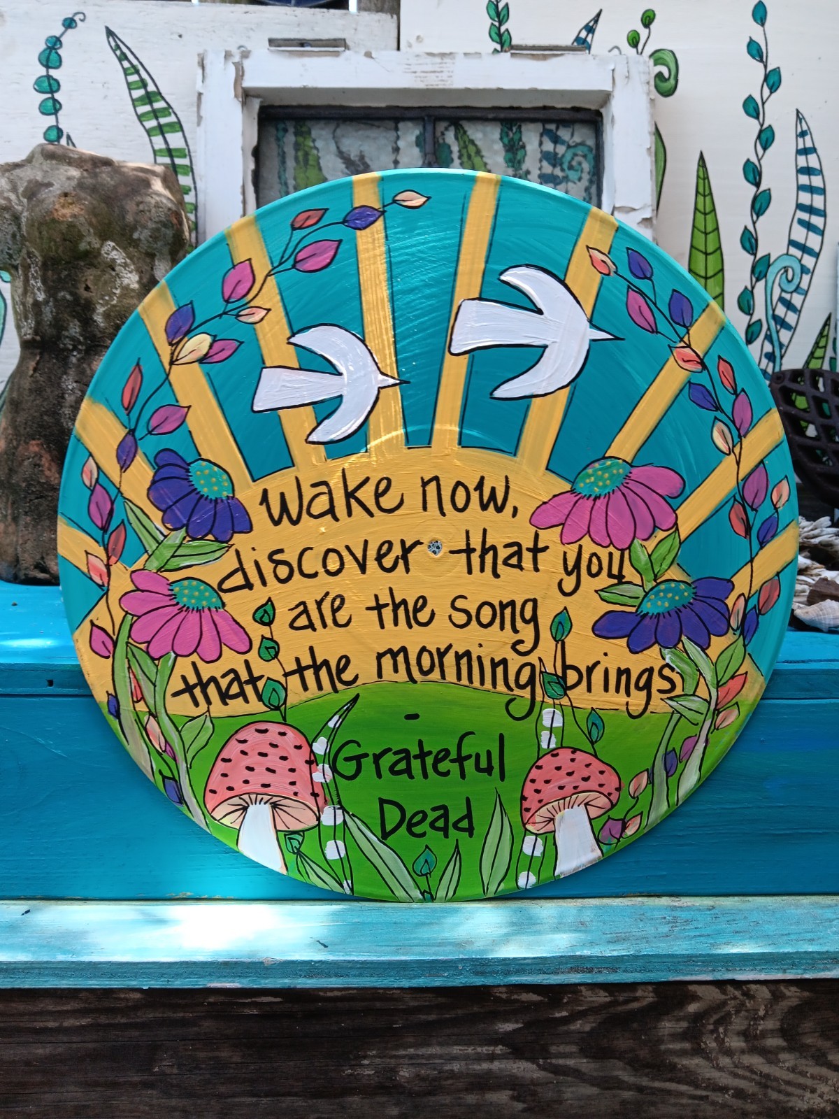 Grateful Dead Painted Vinyl Record Eyes of the World Quote Art Psychedelic Folk