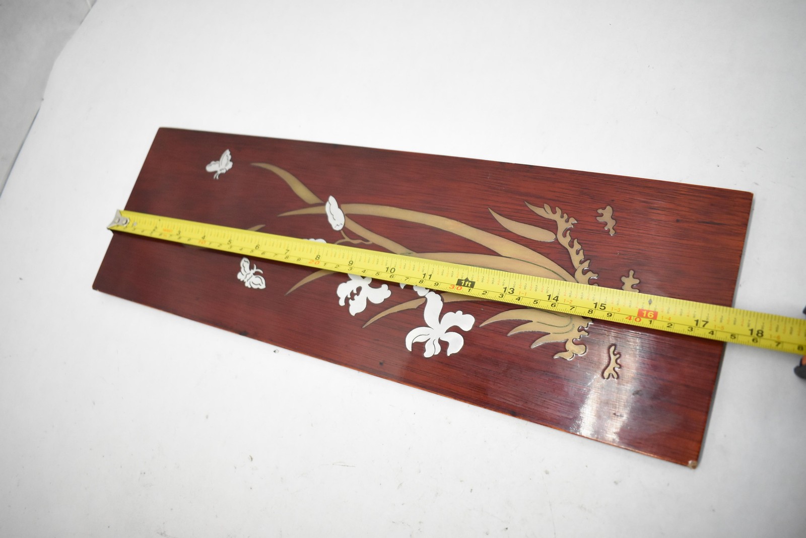 Asian Floral Butterfly Wall Plaque Brown Wood Medium Rectangular with Gold Inlay
