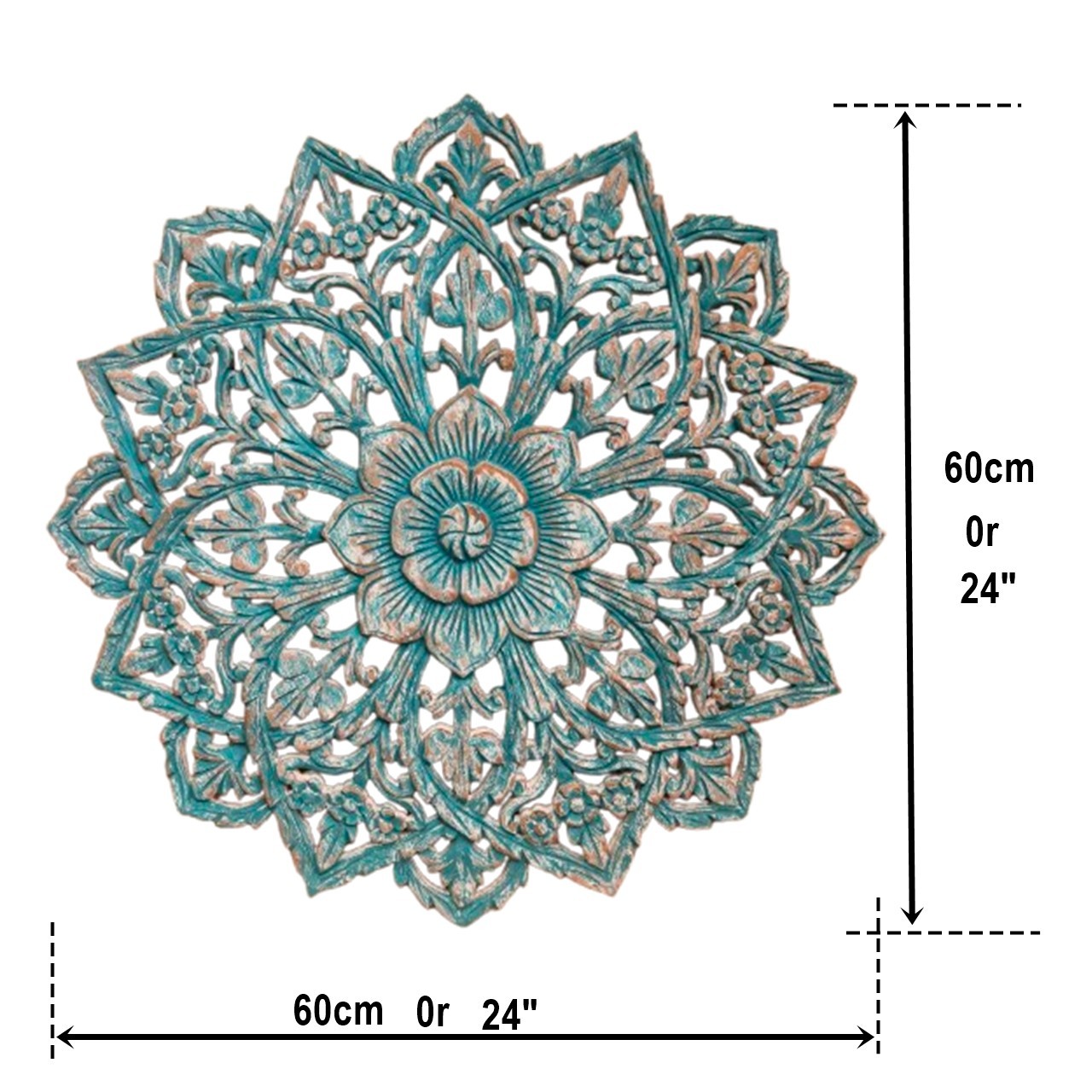 24″ Round Teak Wood Wall Art Hand Carved Floral Mandala Turquoise White RS003