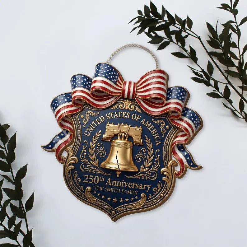 Custom American Patriotic Wooden Door Sign, Liberty Bell, Family Name
