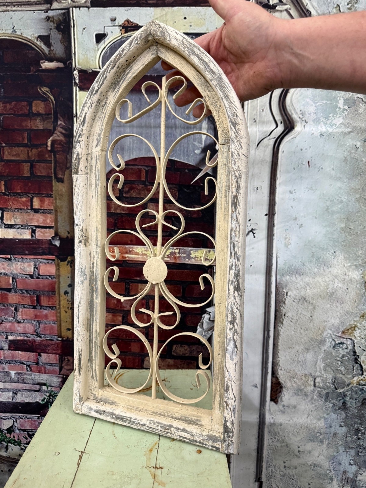 Vintage Rustic Distressed White Metal Arch Window Wall Decor Farmhouse Chic
