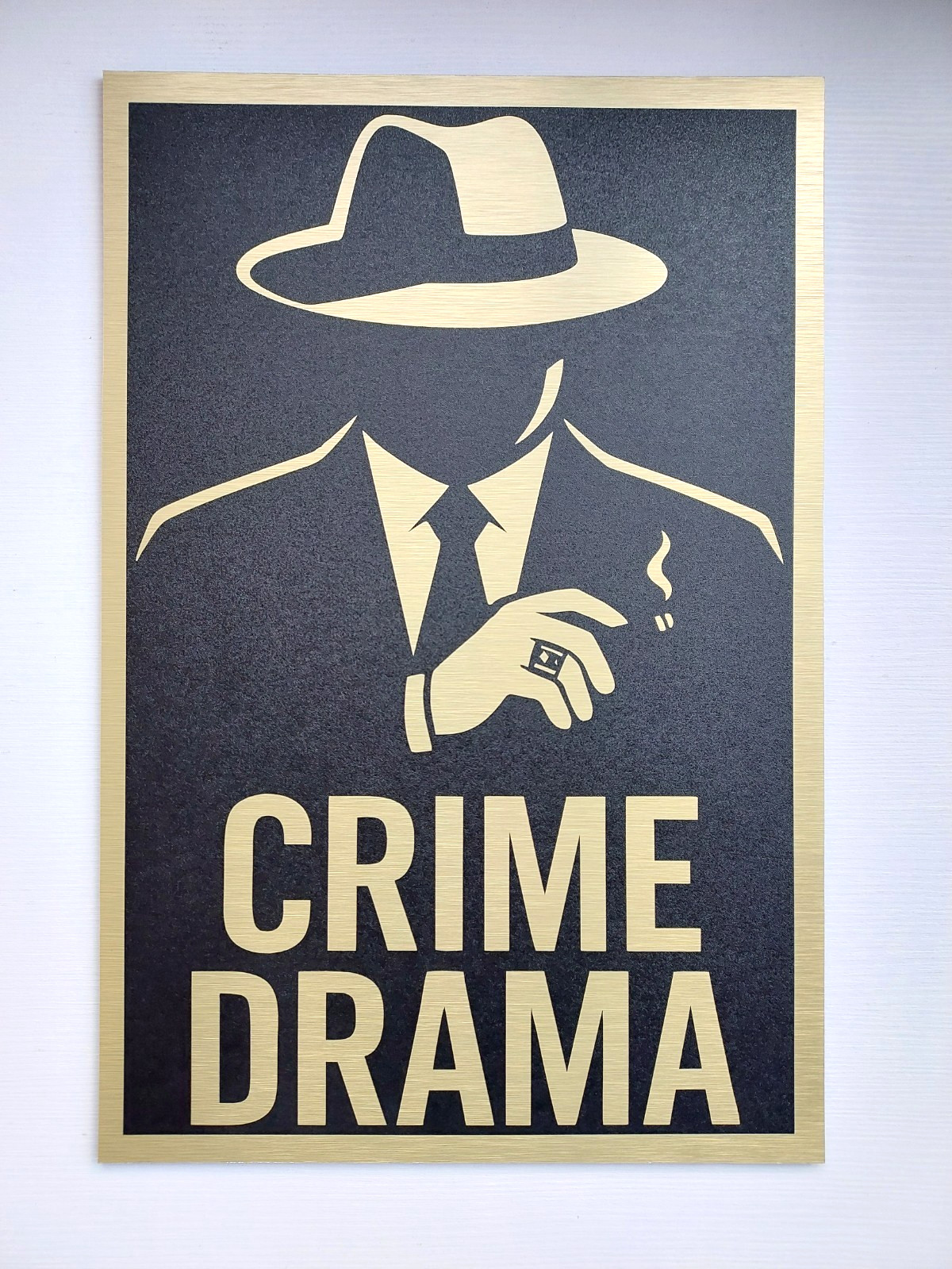 CRIME DRAMA Wall Sign Brushed Gold Aluminum Plaque Home Theater Movie Room Decor