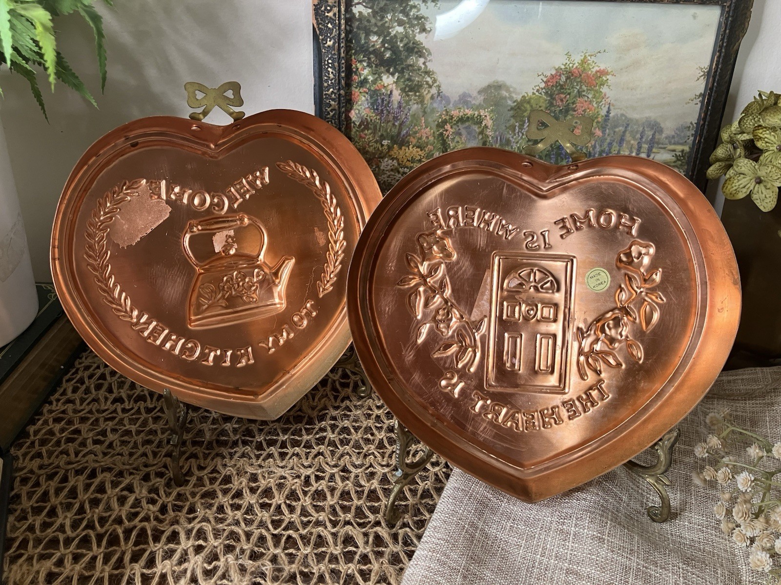 Vintage Heart Wall Hangings Plaques – Copper & White – Cottage Kitchen Decor