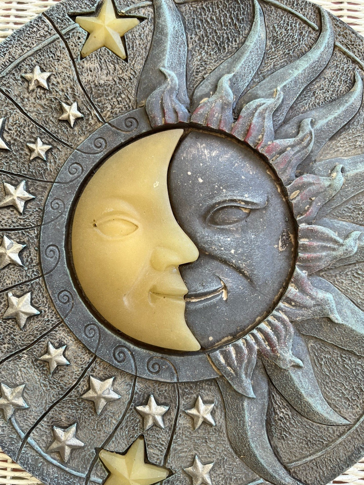 Glow in the Dark Sun Moon Stars Resin Vintage Round Stepping Stone, Medium 10″