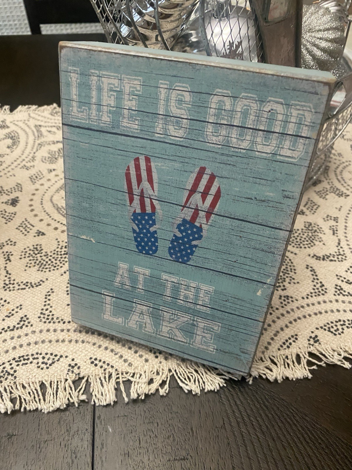 New Life Is Good at the Lake Small Wood Sign Flip Flops