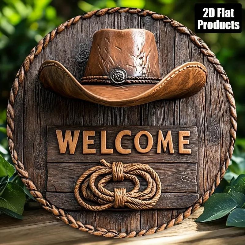 Western Cowboy Hat Lasso Welcome Metal Sign Rustic Farmhouse Tin Wall Art Decor