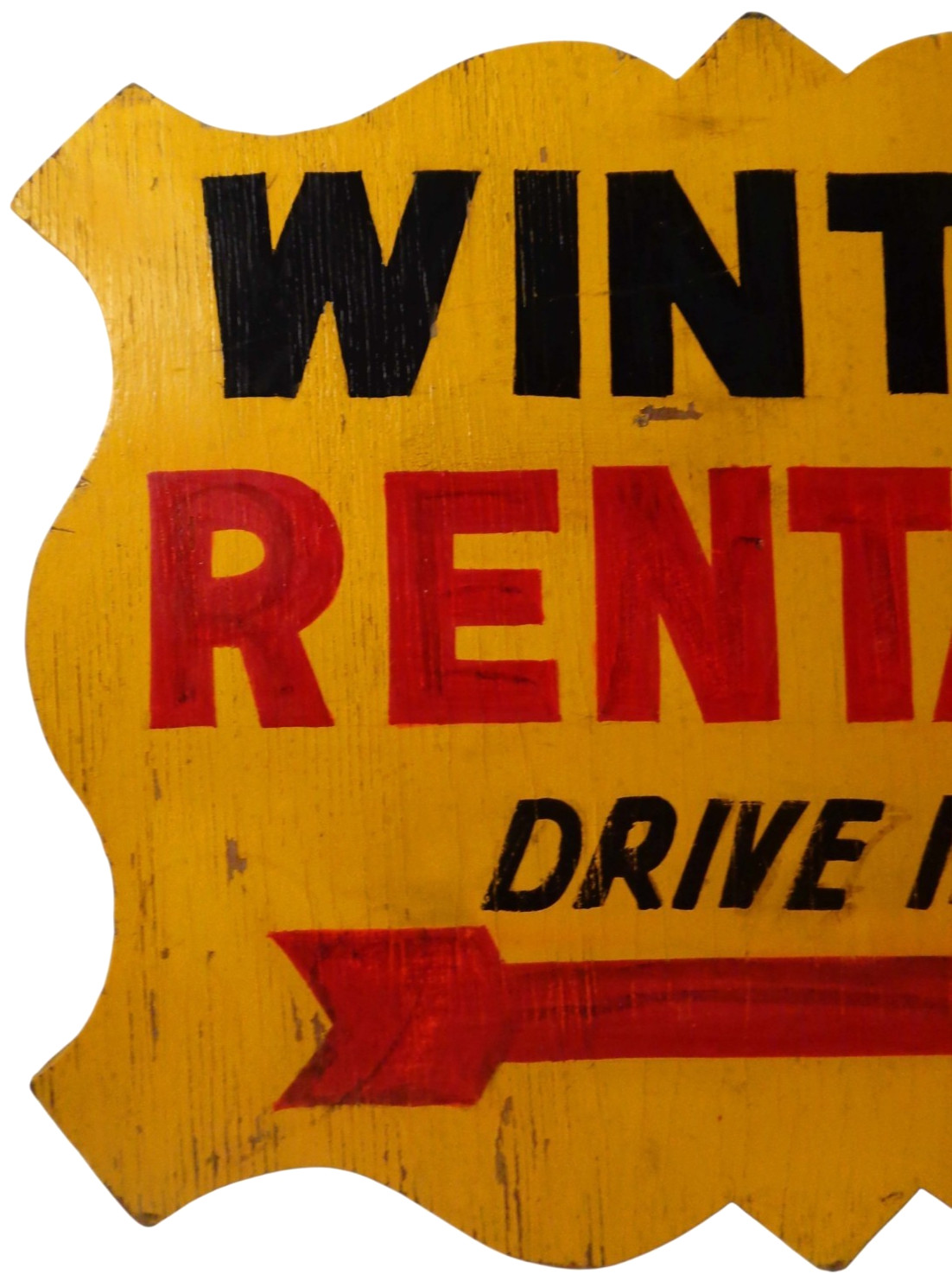 WINTER RENTALS DRIVE IN EARLY-MID 20TH C VINT HAND PAINTED JIG-CUT EDGE WDN SIGN
