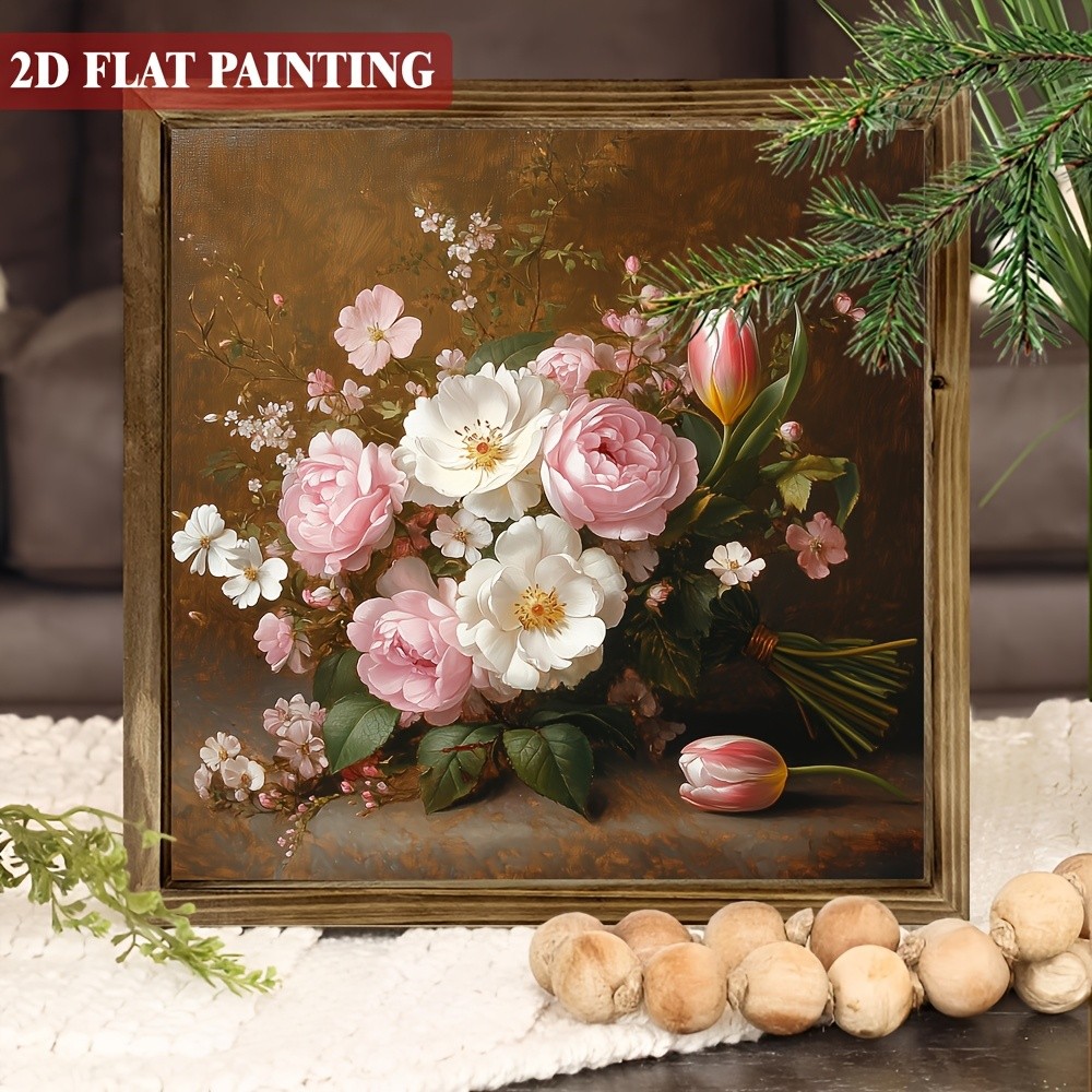 Warm Vintage Pink White Flower Bouquet Wooden Sign For Dining Wall Decor