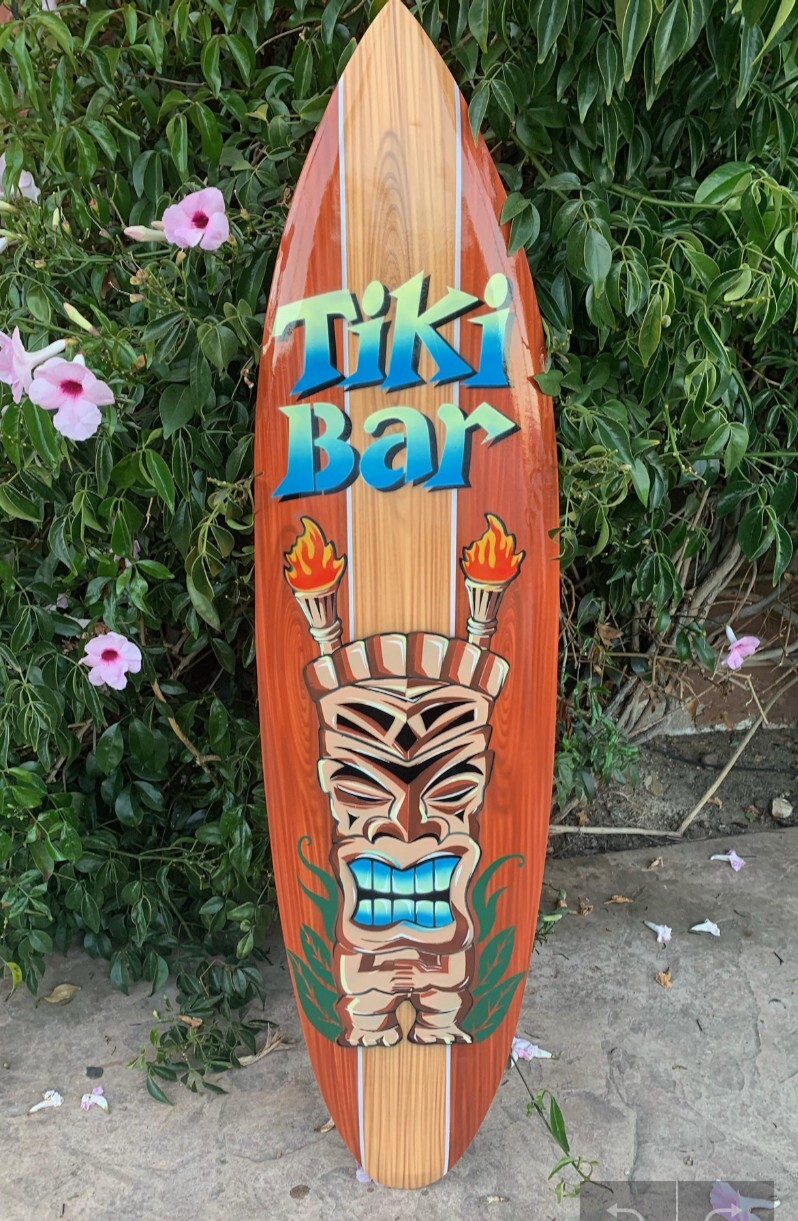 Set of Tiki Bar Sign and Tropical Tiki Surf Airbrushed Mango Wood Surfboard