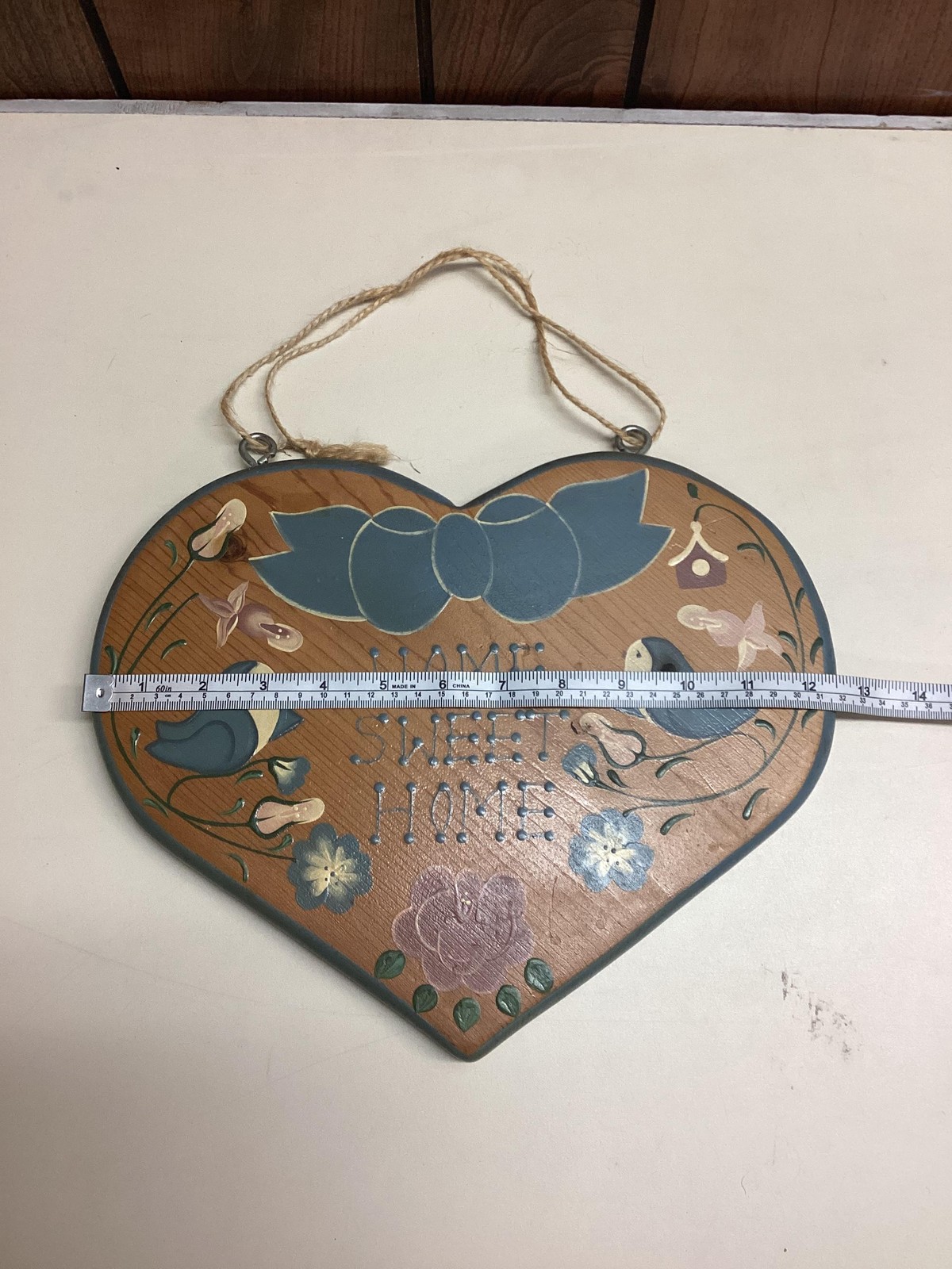 Vintage English Rose JDI Heart Wall Plaque Home Sweet Home Floral Medium Brown