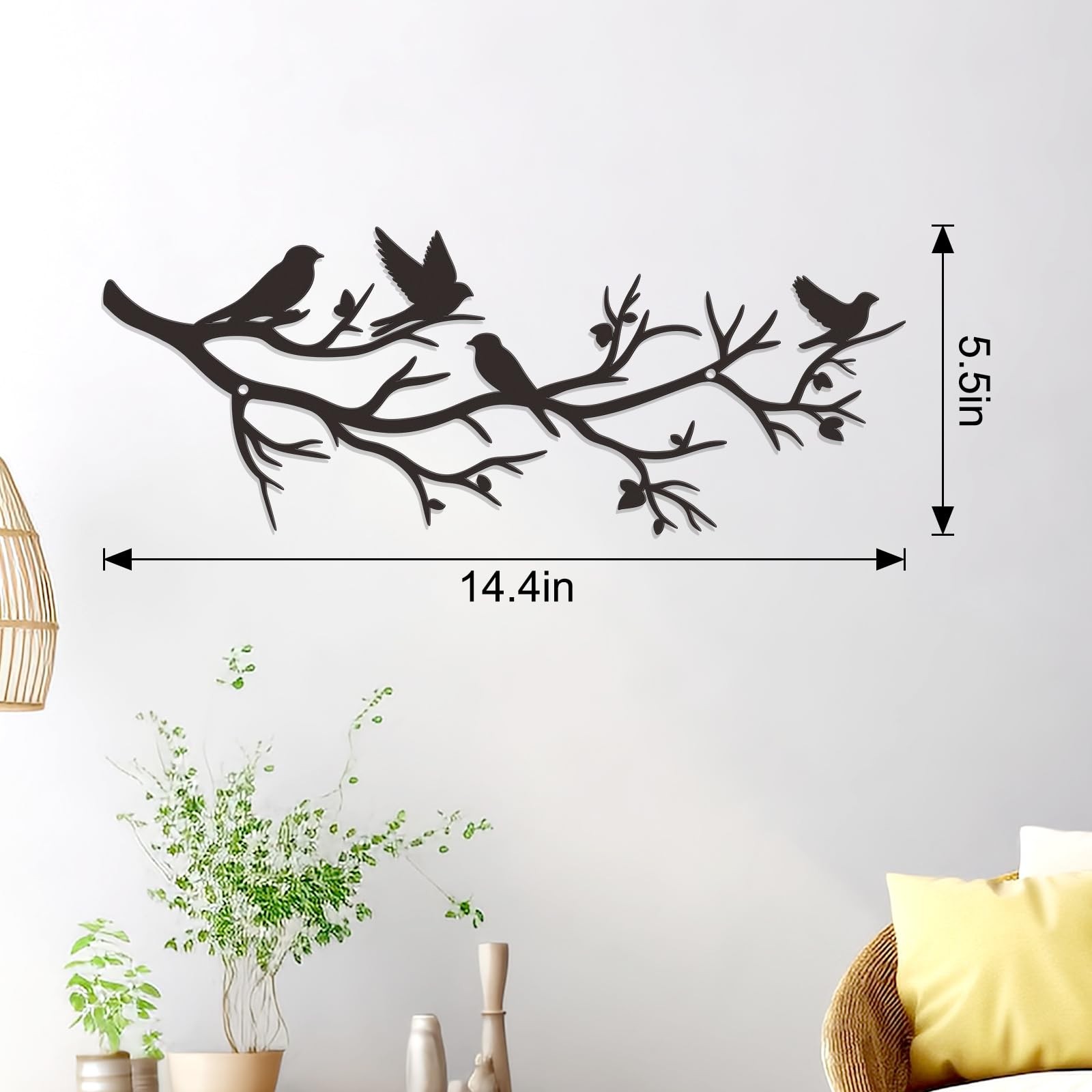 Medium Black Metal Tree with Birds on Branch Wall Art for Home Living Room