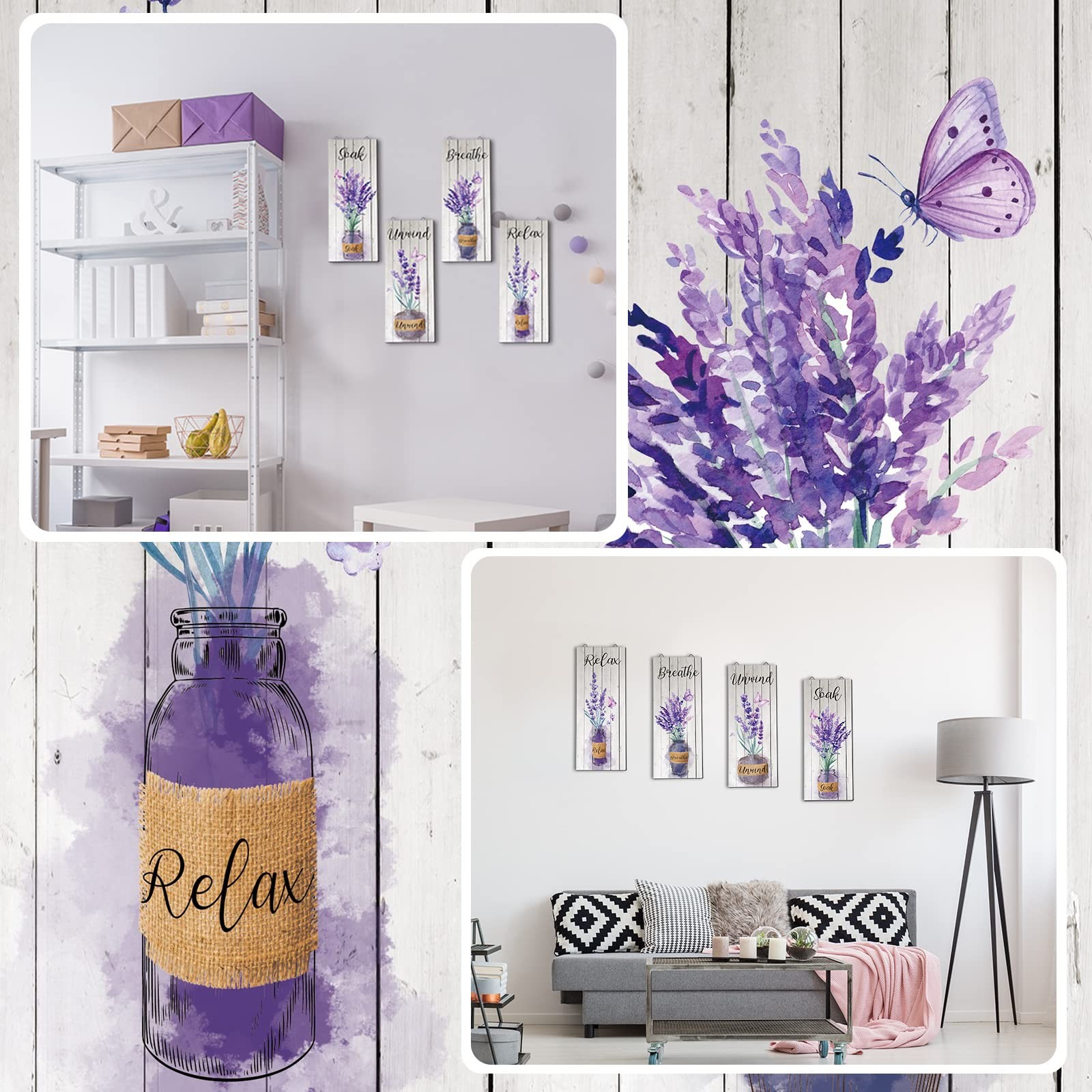 4 Pcs Lavender Bathroom Decor Purple Wall Art 10 x 4 in Purple Bathroom Boho …