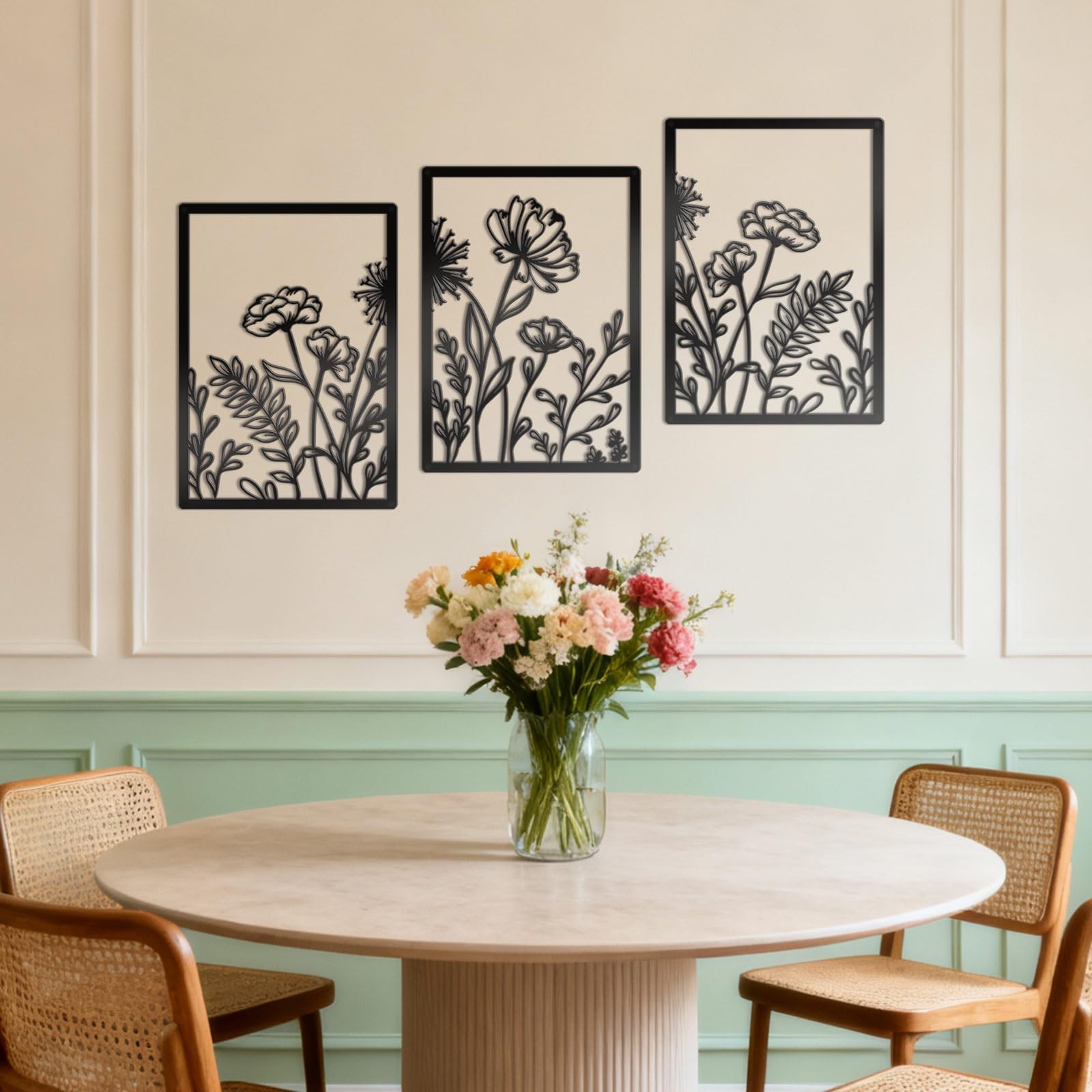 3 PCS Black Metal Wall Art Flower Line Minimalist Decor Symmetric Medium
