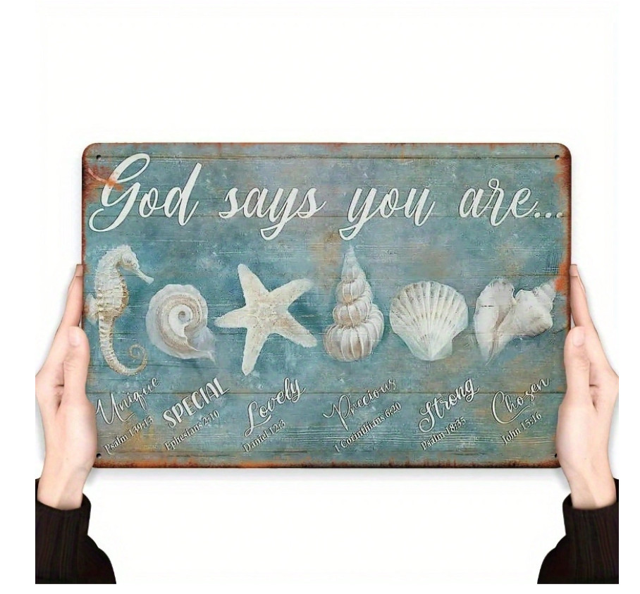 Vintage Coastal Metal Wall Art Bible Verse Seashell Starfish Beach Sign