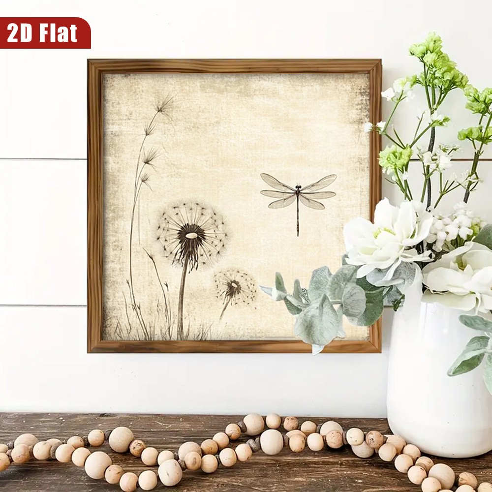 Farmhouse Framed Dandelion Dragonfly Wall Art Vintage Nature Home Decor 8x8in