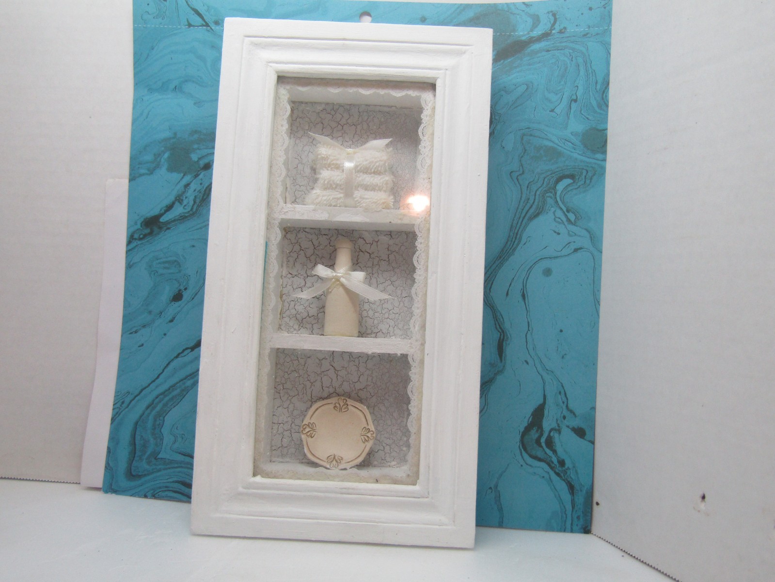 Bathroom Wall Decor Vintage White Wood Shadowbox Towels Bottle Dish