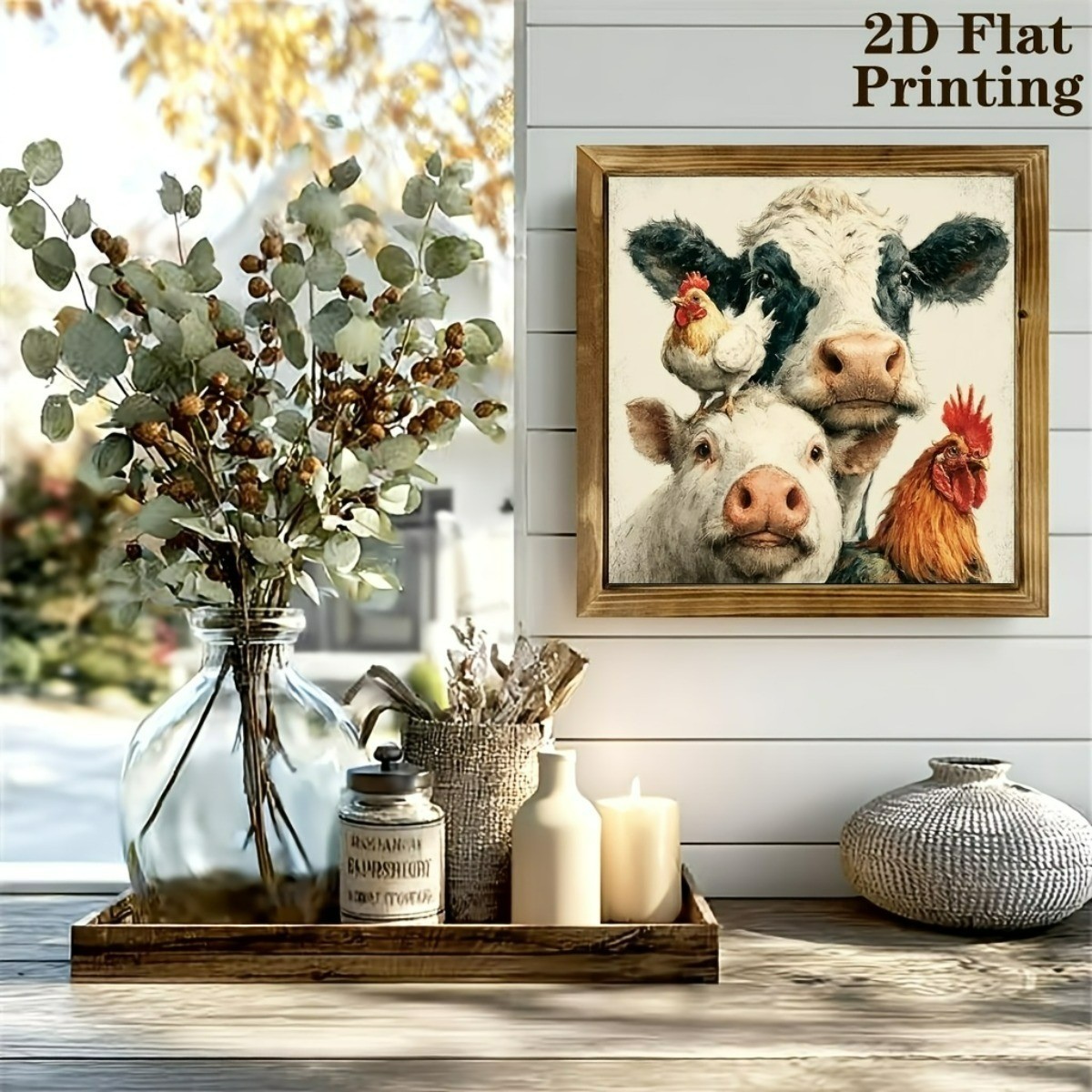 Farm Chicken Pig Cow Wooden Sign Rustic Vintage Decor for Kitchen Cafe Gift