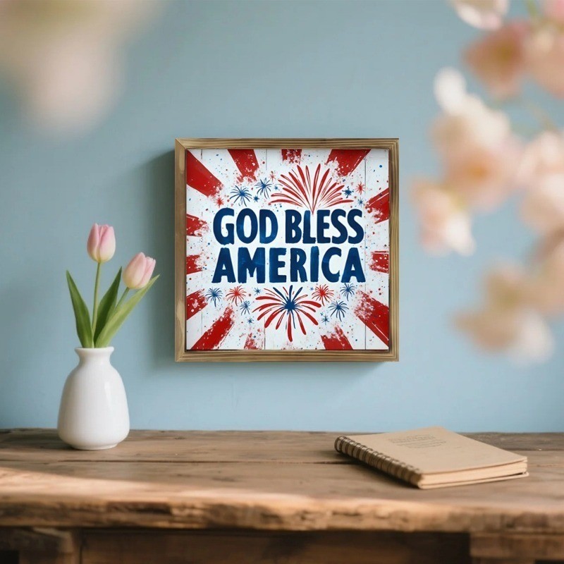 God Bless America Fireworks Wooden Plaque 4th of July Patriotic Farmhouse Decor