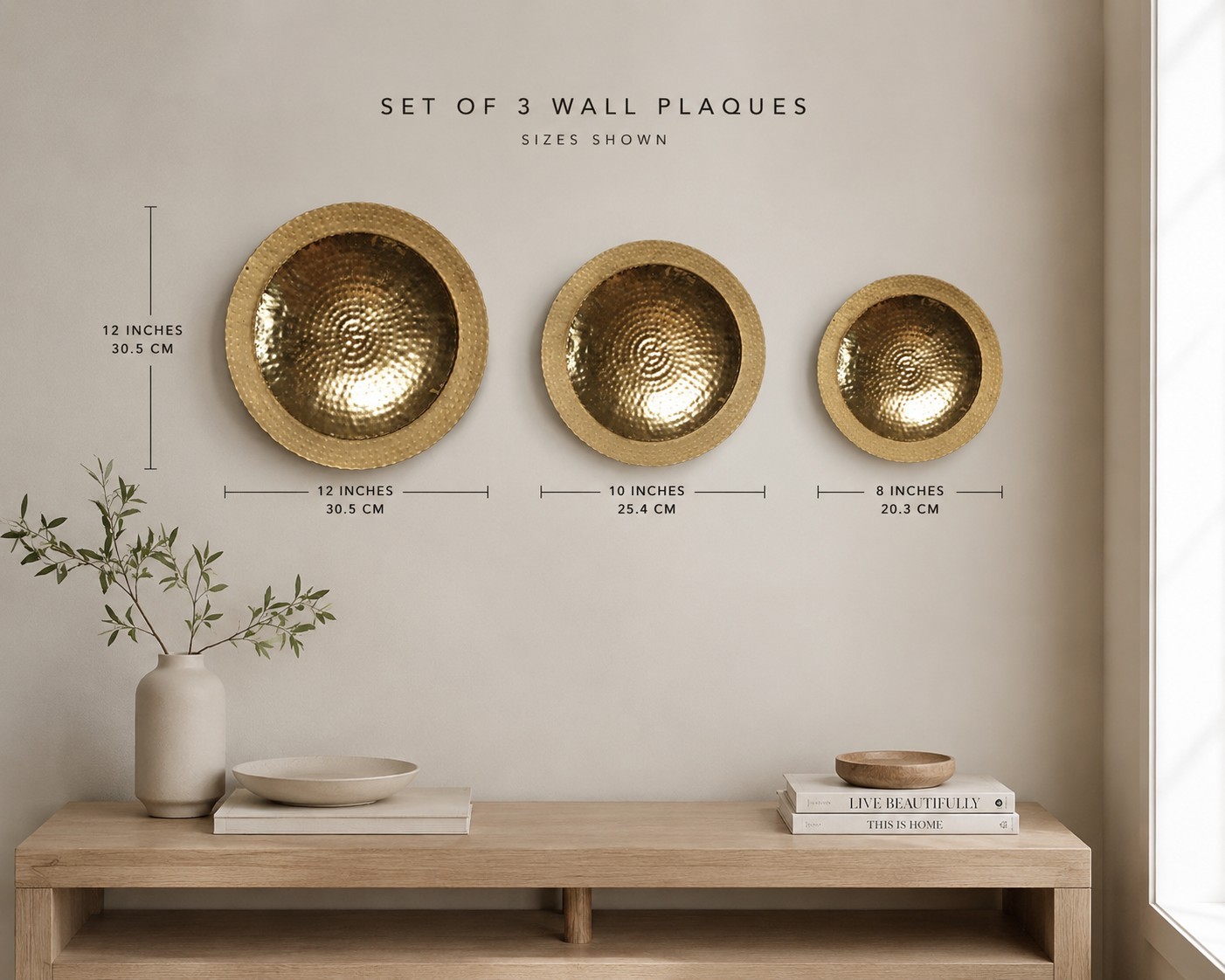 Set of 3 Gold Tone Hammered Metal Wall Circle Plates Decor Minimalist Modern Art
