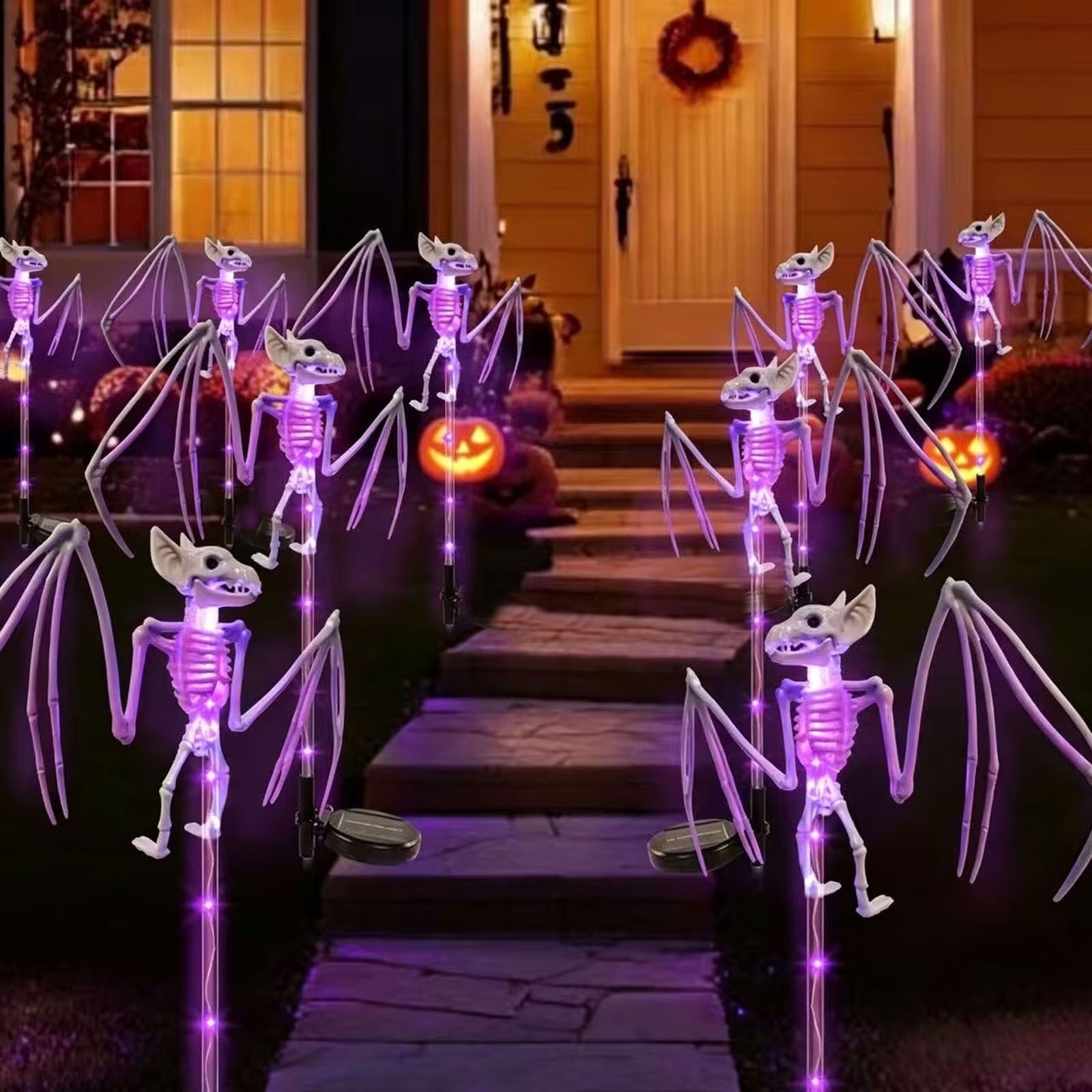 Solar Halloween Decorations Outdoor – 4Pcs 3D Scary Bat & Skeleton Lights