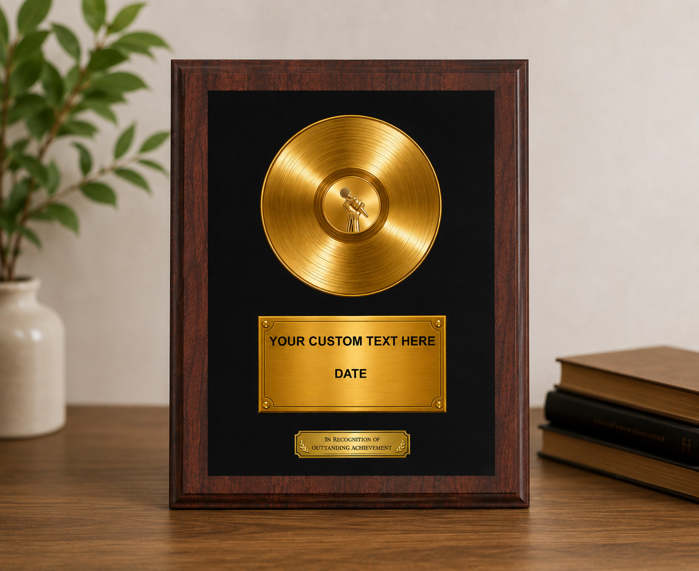 Gold Vinyl Record Award on Wood Plaque Custom 8×10