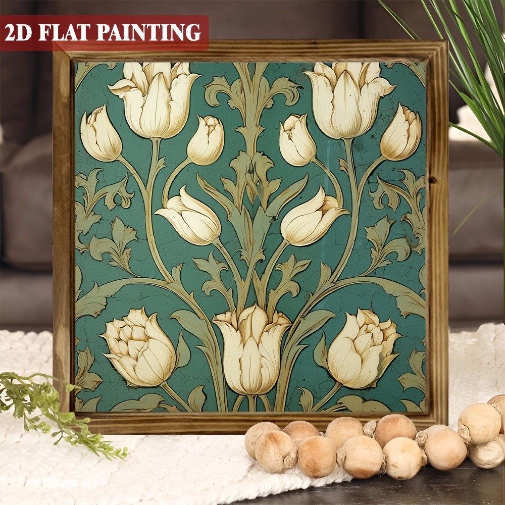 Vintage White Tulip Wooden Framed Art Farmhouse Style Floral Home Wall Decor
