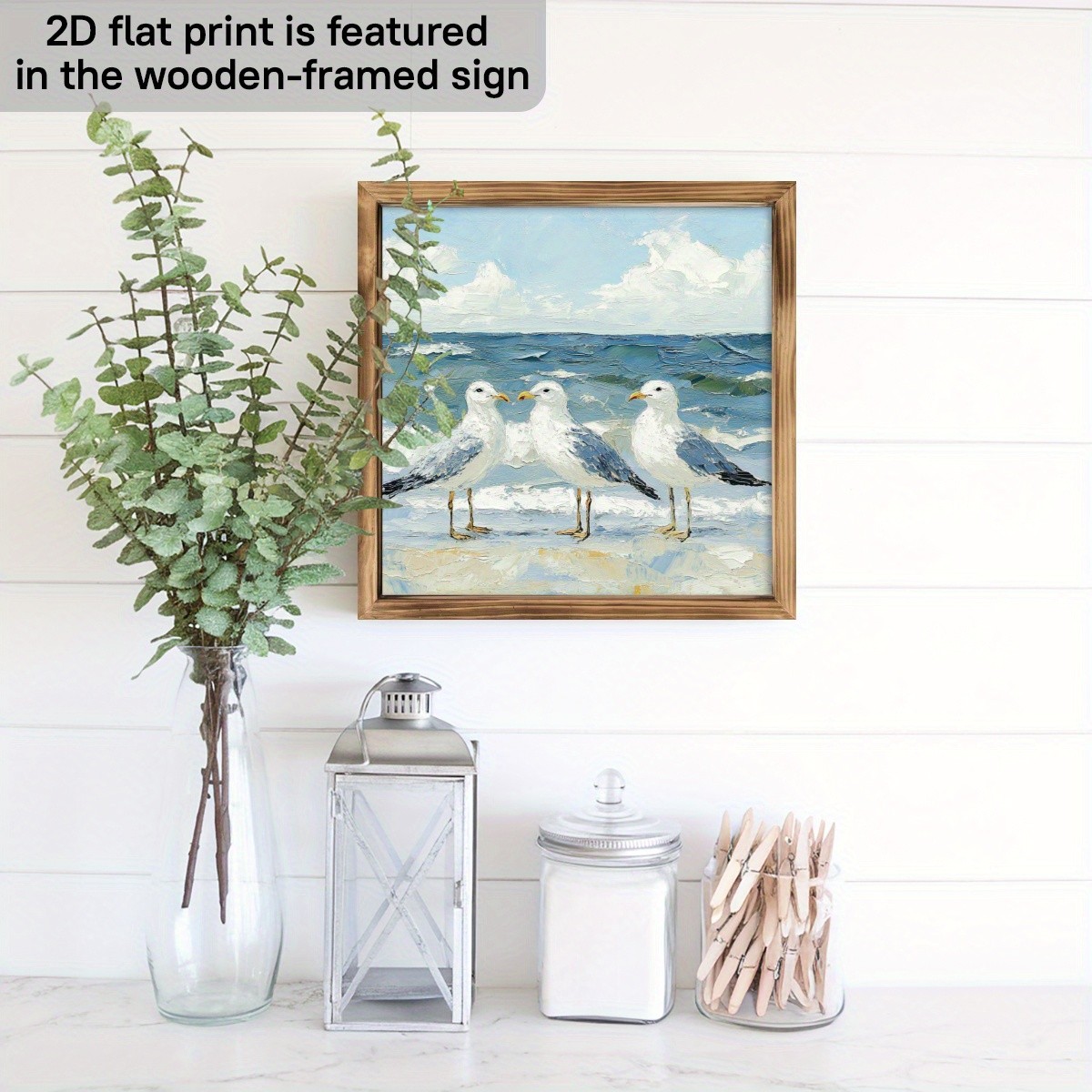 Seagulls Coastal Wooden Print Wall Art Framed Beach Theme Decor for Home & Patio