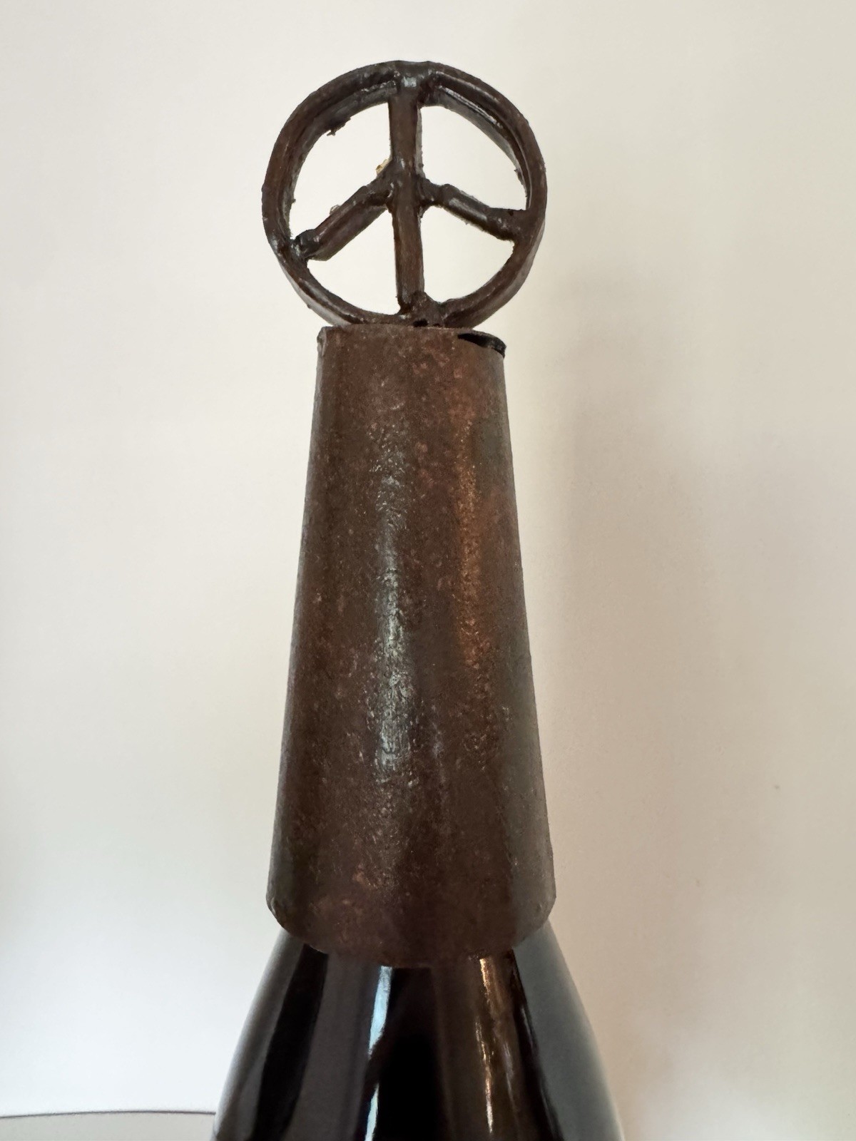 Handmade Rustic Peace Sign Wine Bottle Topper Boho Folk Art Metal Decor