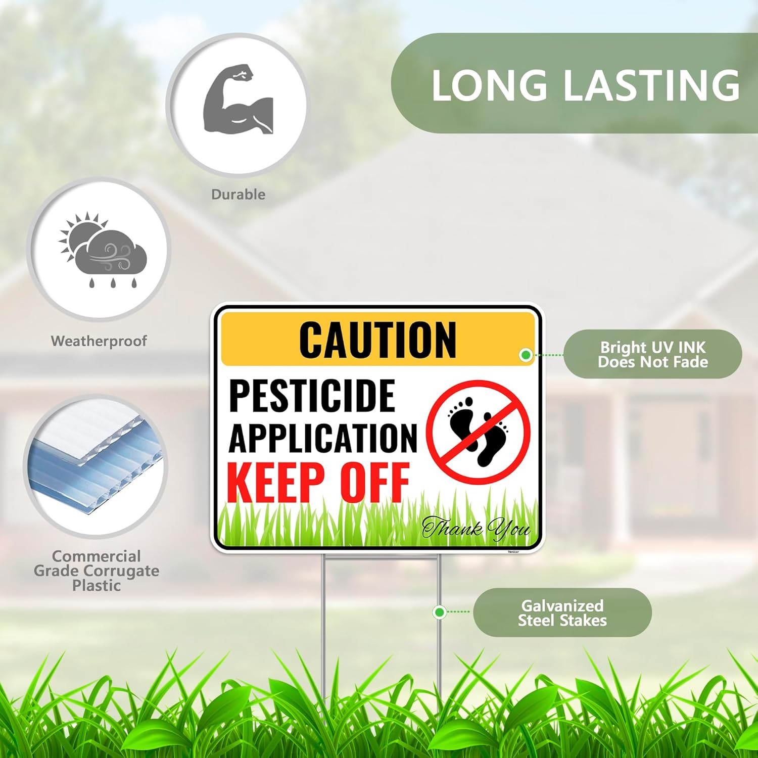 2PC Pesticide Sign with Metal Stakes, 12″X9″ – Corrugated Plastic – Pesticide Fl
