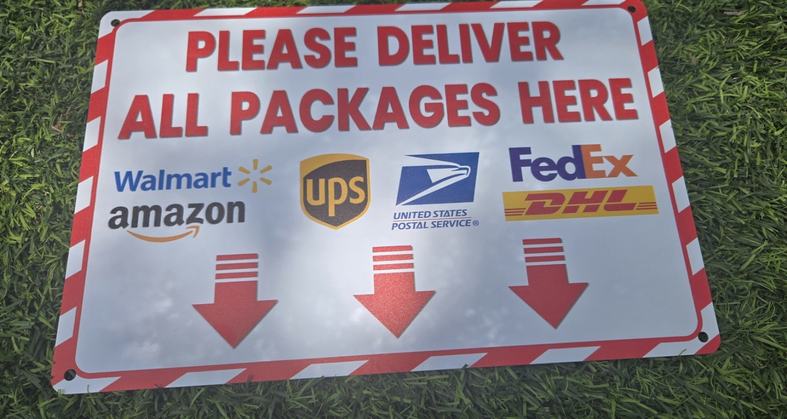 Please Deliver All Packages Here Metal Wall Sign, Rectangle, White/Red, Hanging