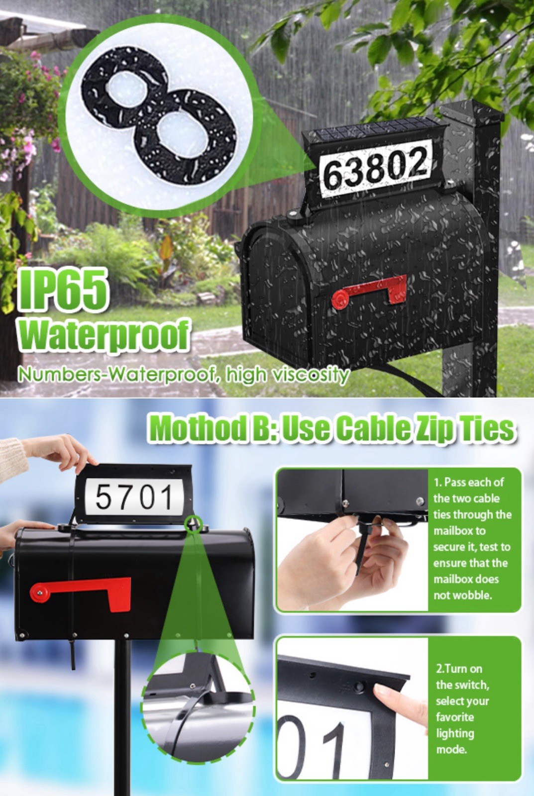 Solar Address Sign Mailbox House Number Plaque Double Side 3 Light Color