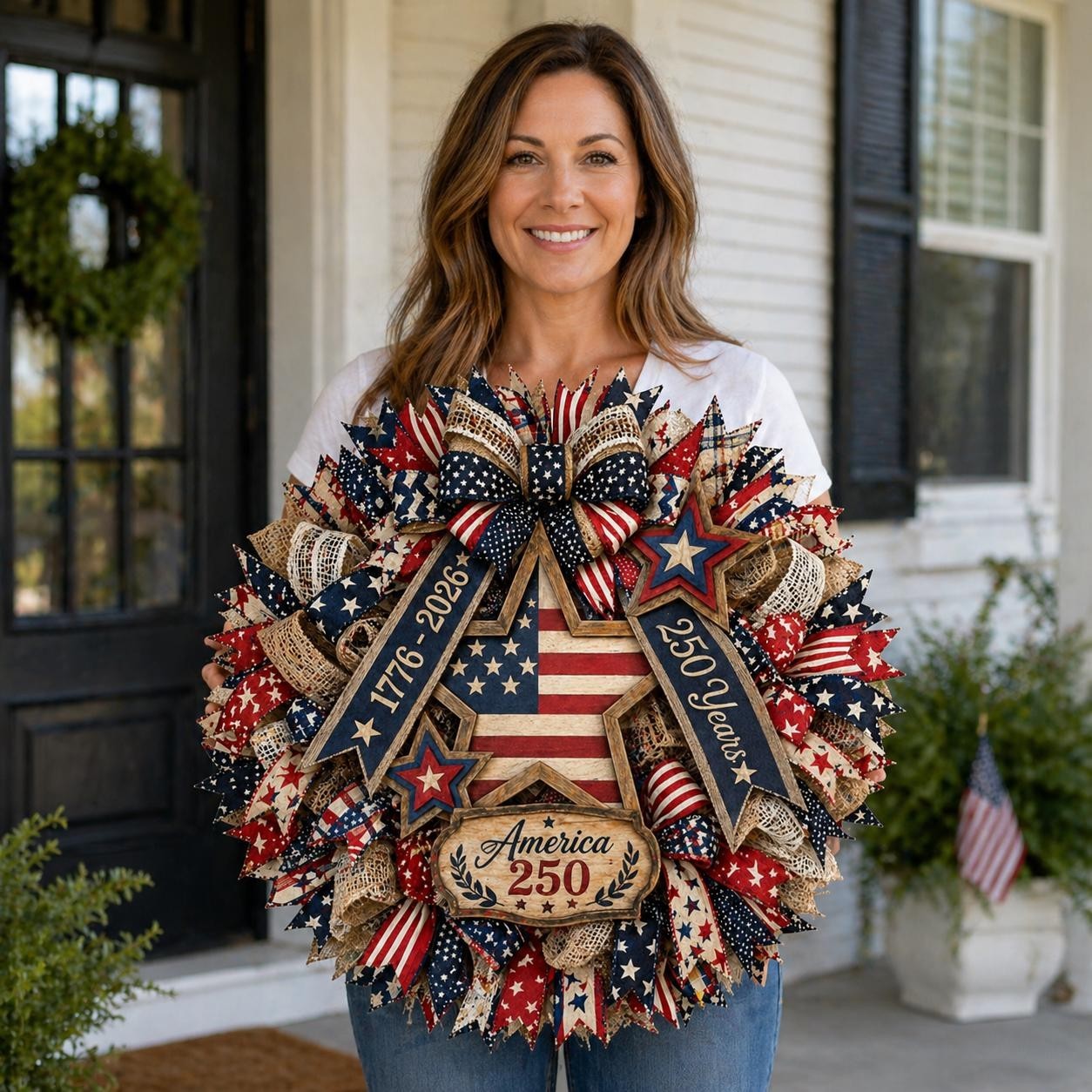 America 250th Years Wooden Wreath, Patriotic Eagle Door Sign Plaque